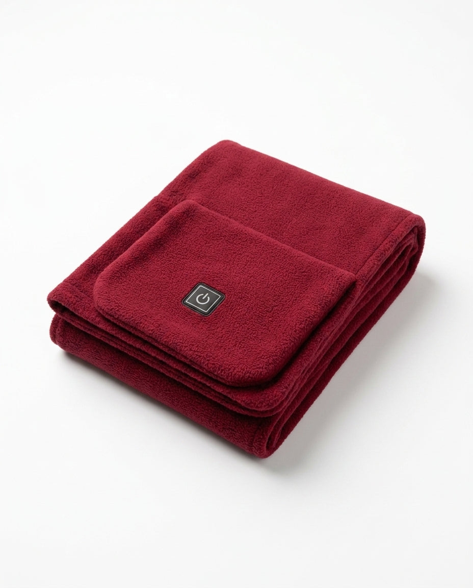 Folded burgundy red heated comfort scarf with power button on white