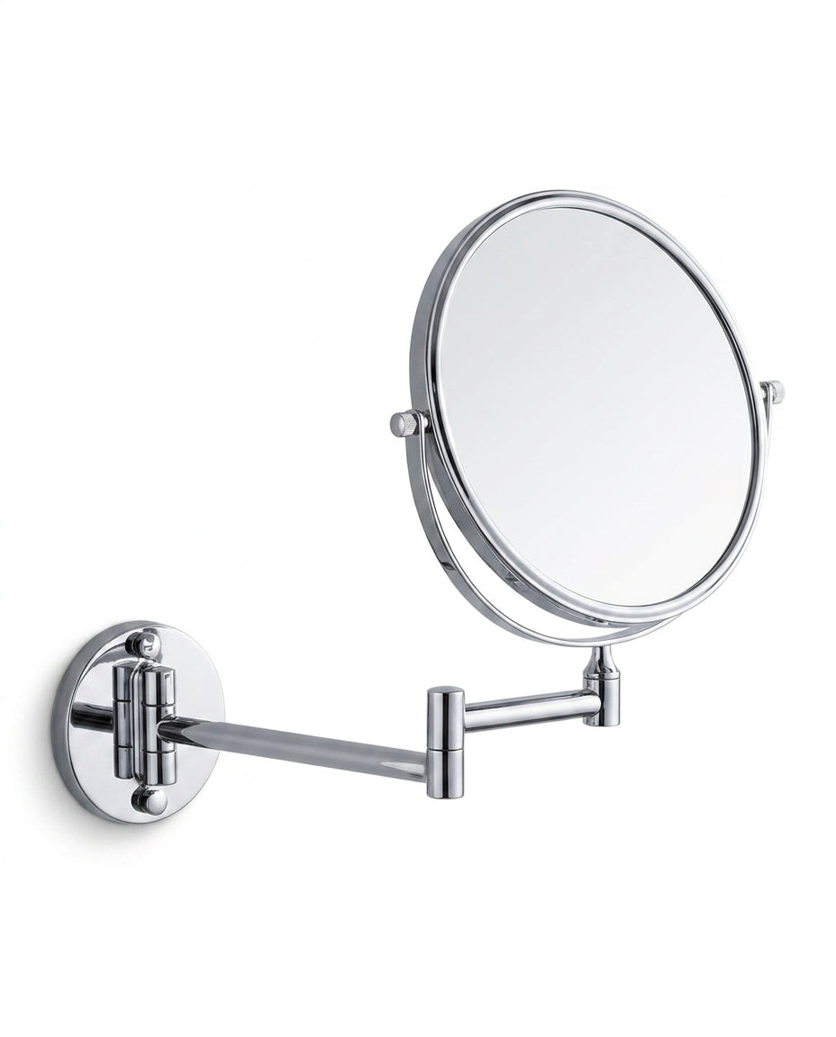 Polished silver chrome wall-mounted vanity mirror on folding arm, on white