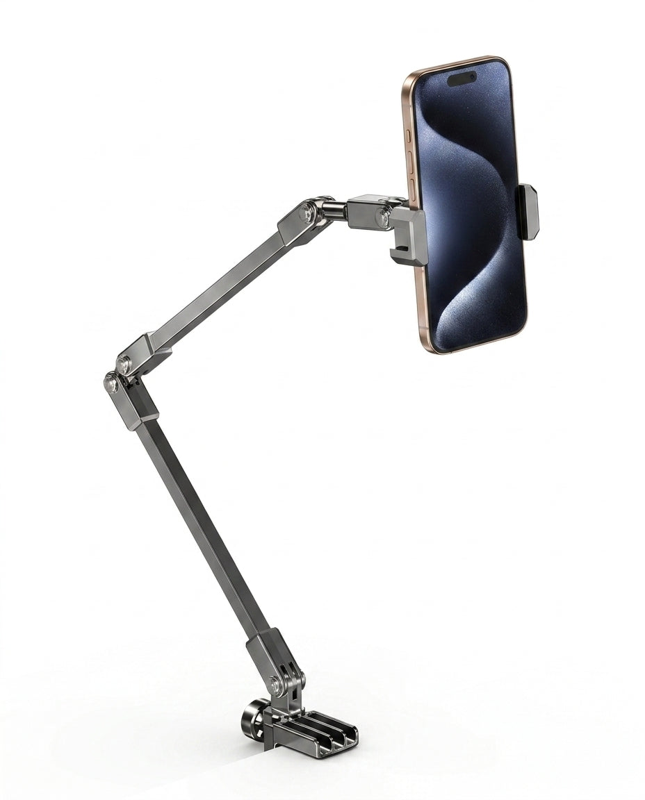 Two-stage black phone arm holding a phone, studio shot on white