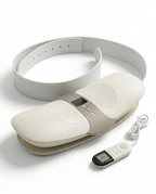 White waist massager belt with remote and cable, full set on white background