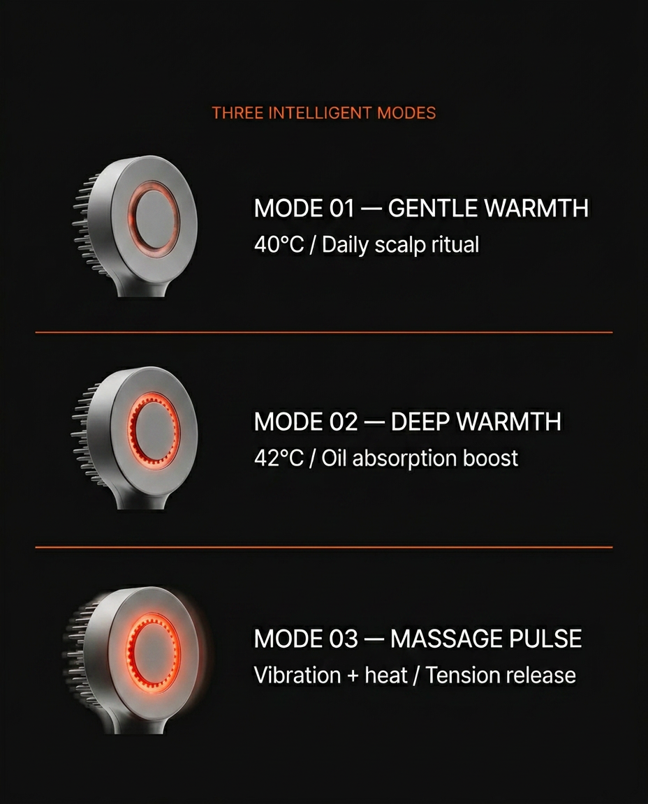 Infographic of the three heat and massage modes on the scalp brush