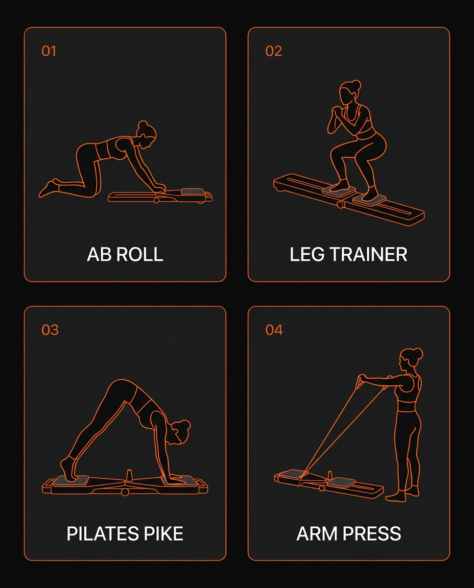 Infographic of four pilates board modes: ab roll, leg trainer, pike, arm press