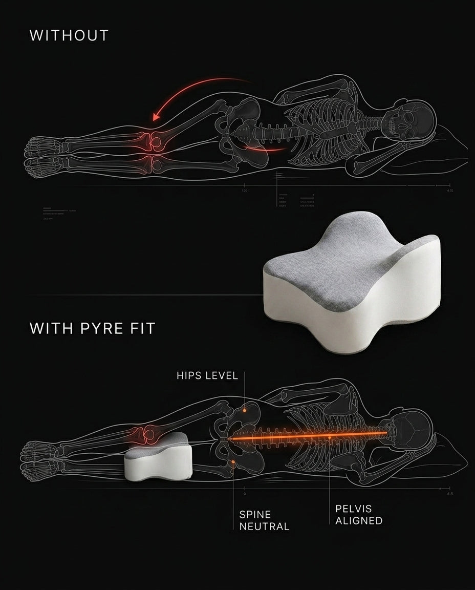 Diagram comparing spine alignment with and without the knee pillow