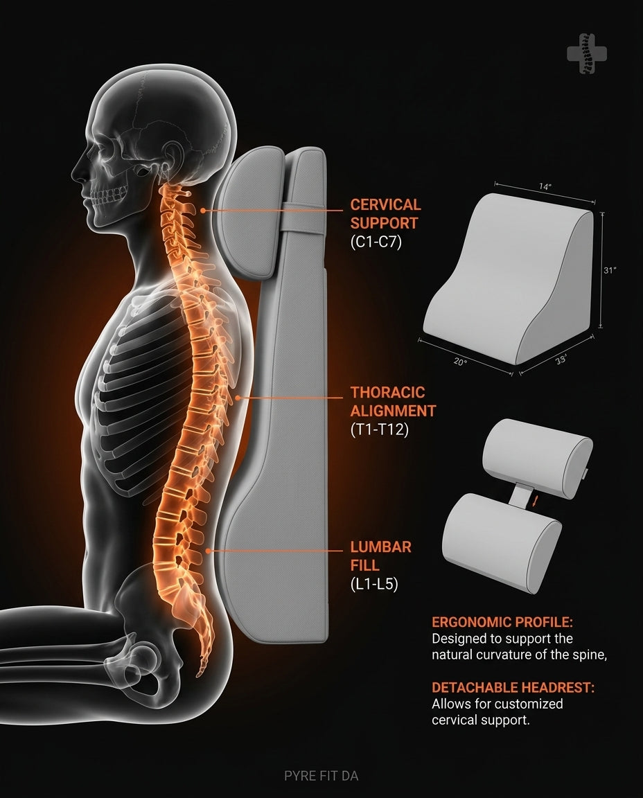 Spine anatomy diagram showing cervical, thoracic and lumbar support zones