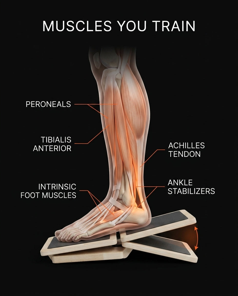 Anatomy diagram of the calf and ankle muscles trained on the balance board