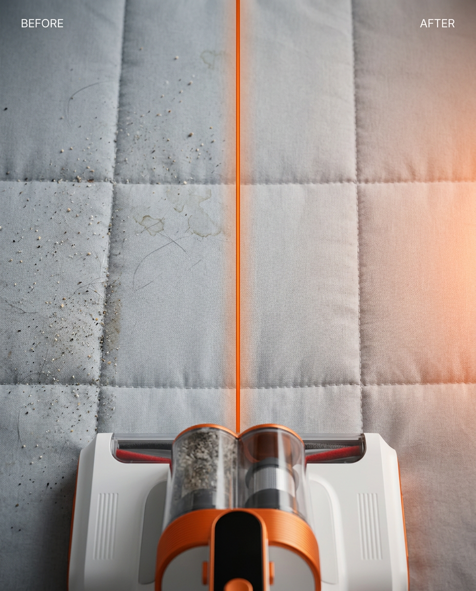 Before-and-after split of a stained mattress cleaned by the fabric vacuum