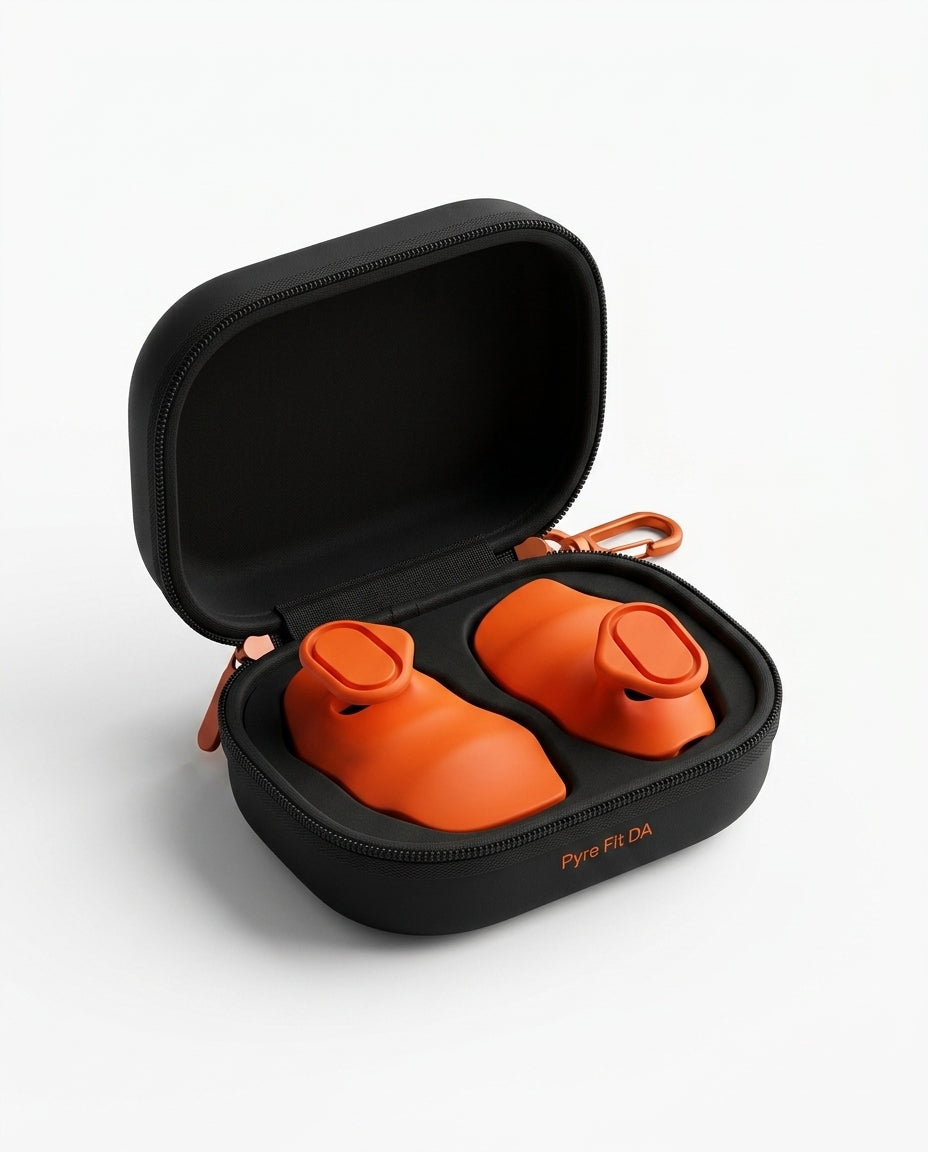 Black zippered carry case holding pair of orange grip pads with carabiner