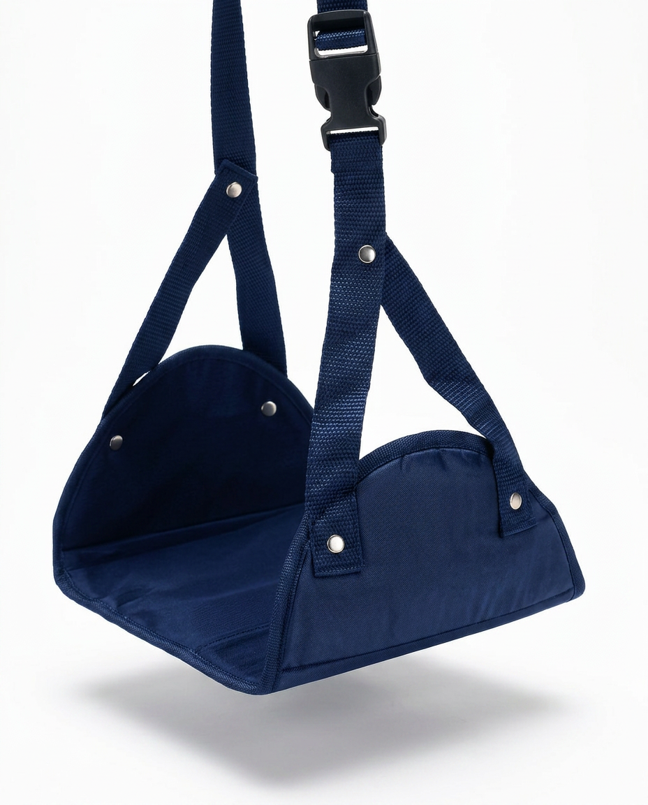 Deep blue portable foot hammock with straps and buckle on white