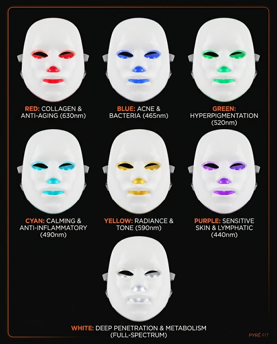 Infographic of seven LED color modes and their skincare benefits