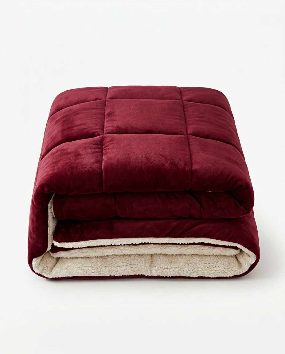 Burgundy red color variant of the plush winter comforter, folded studio shot