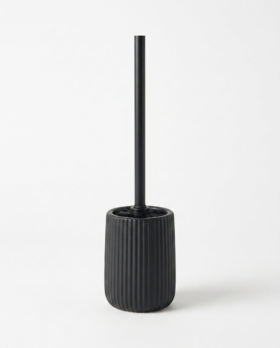 Black ribbed ceramic toilet brush holder set, front view on white