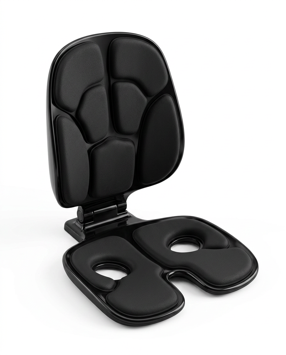 Black ergonomic posture support seat, three-quarter studio view on white