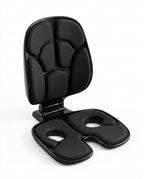 Black ergonomic posture support seat, three-quarter studio view on white