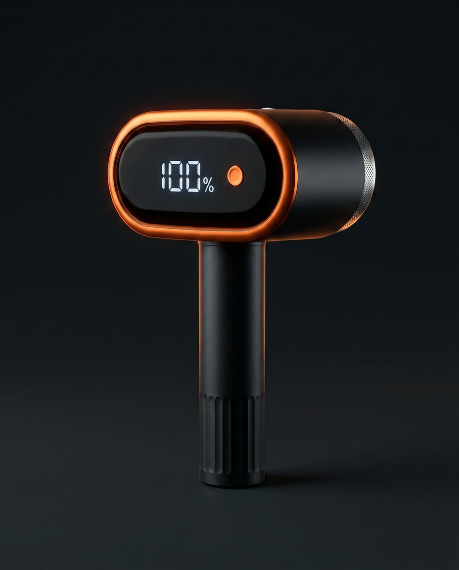 Black portable fabric shaver standing upright on a dark studio background