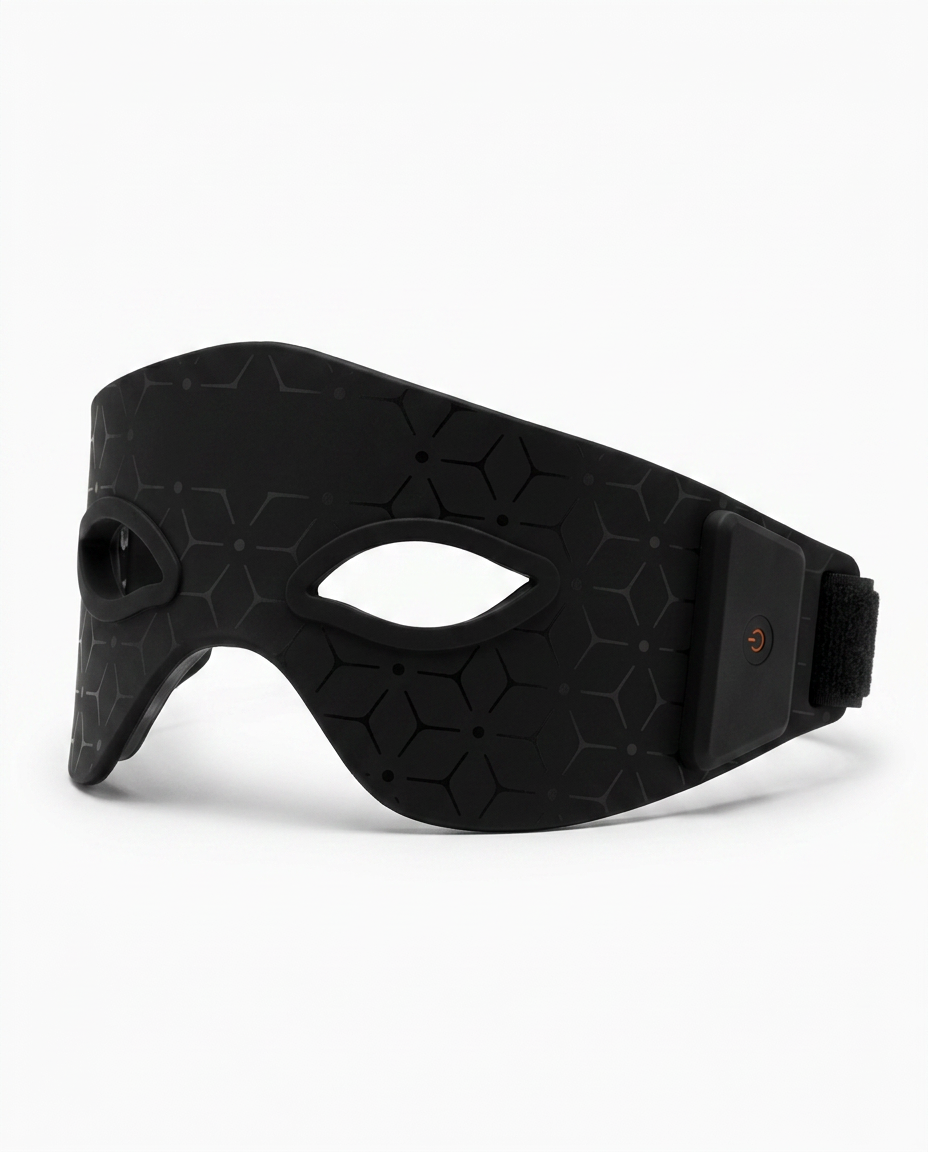 Black variant of the LED red light eye mask, studio shot on white