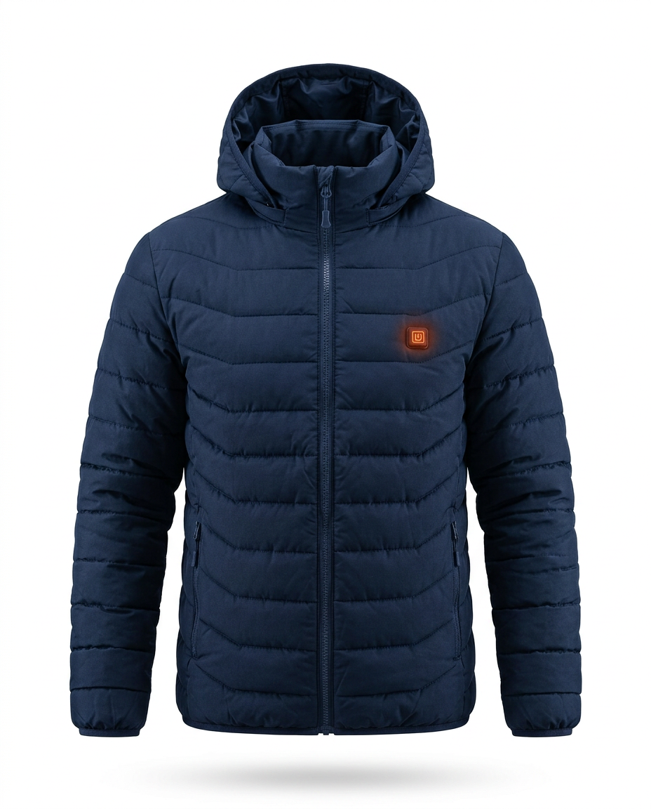 Navy blue heated jacket color variant, front studio shot on white