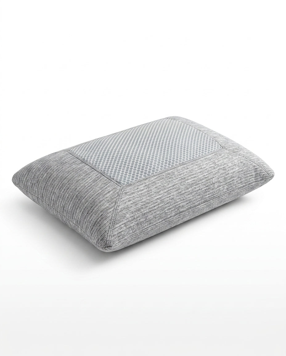 Grey marled memory foam pillow with honeycomb gel top, studio shot