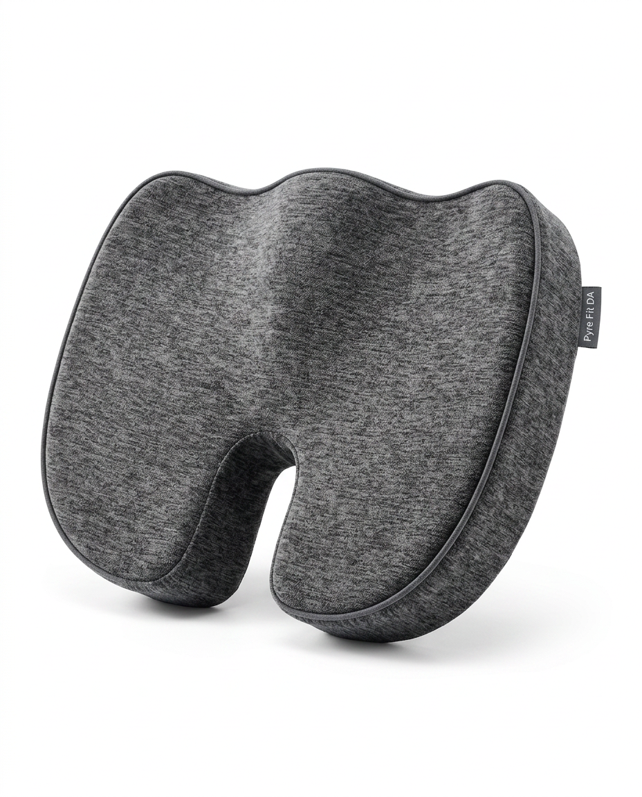 Heathered grey memory foam seat cushion with coccyx cutout on white