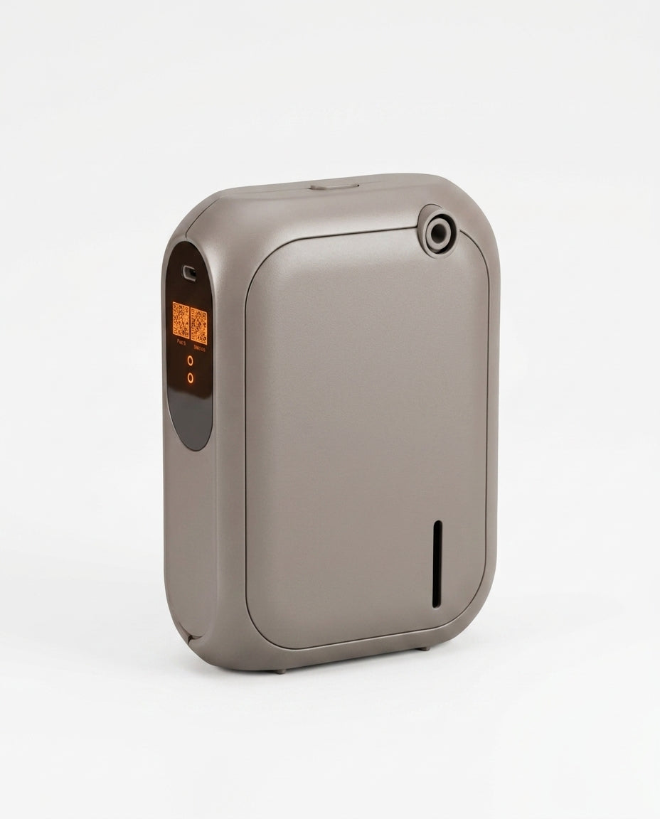 Grey aroma diffuser variant with orange LCD, studio shot on white