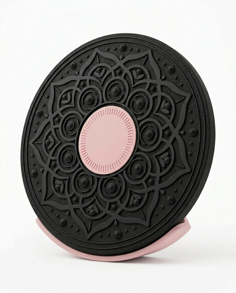 Black wobble balance board with pink center pad and pink rocker base