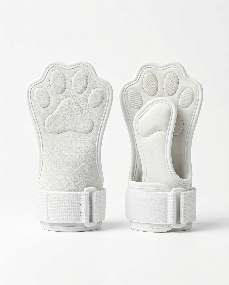 Pair of white paw-shaped lifting grips with wrist straps on white