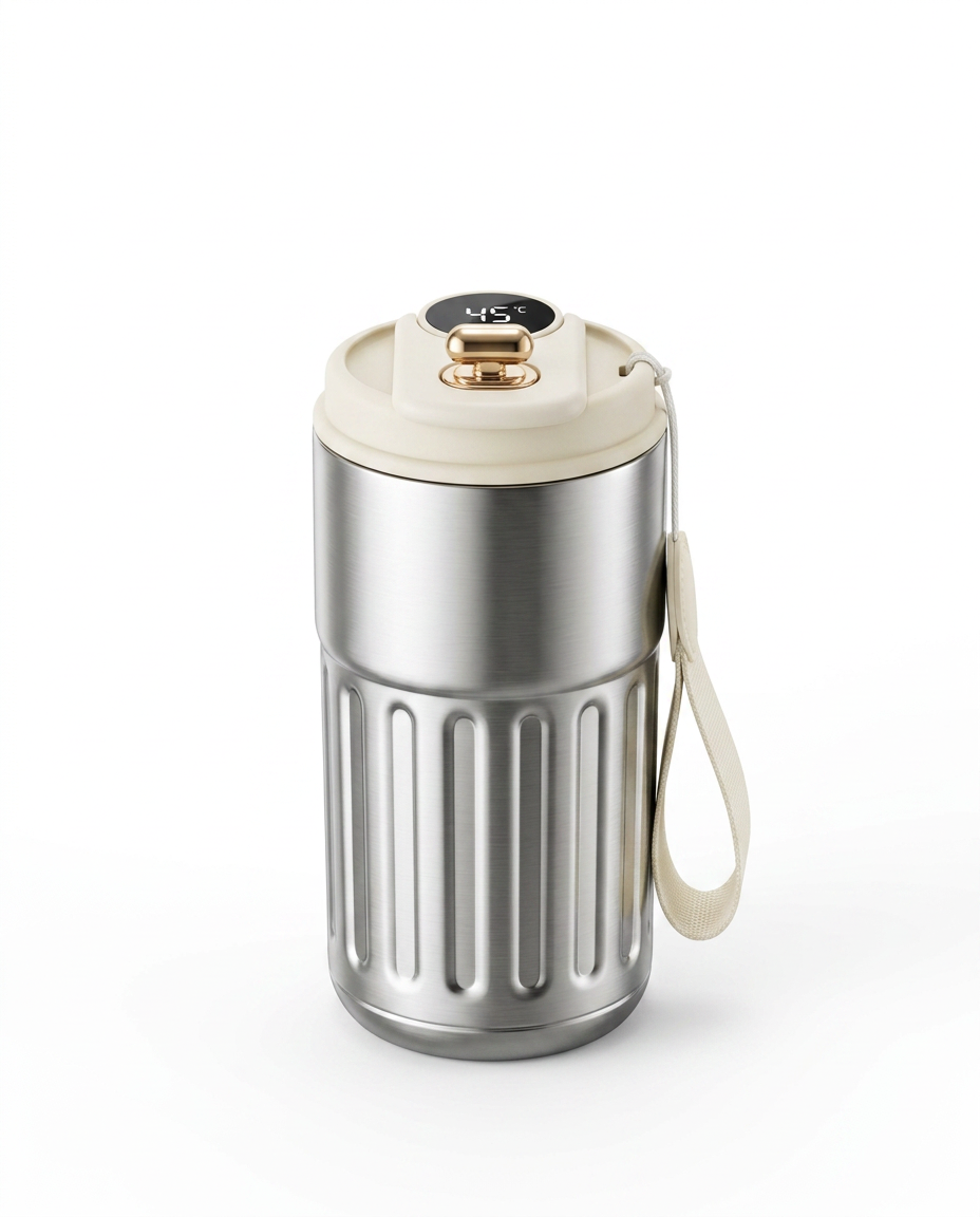 Silver smart mug with cream lid and strap, front view on white background