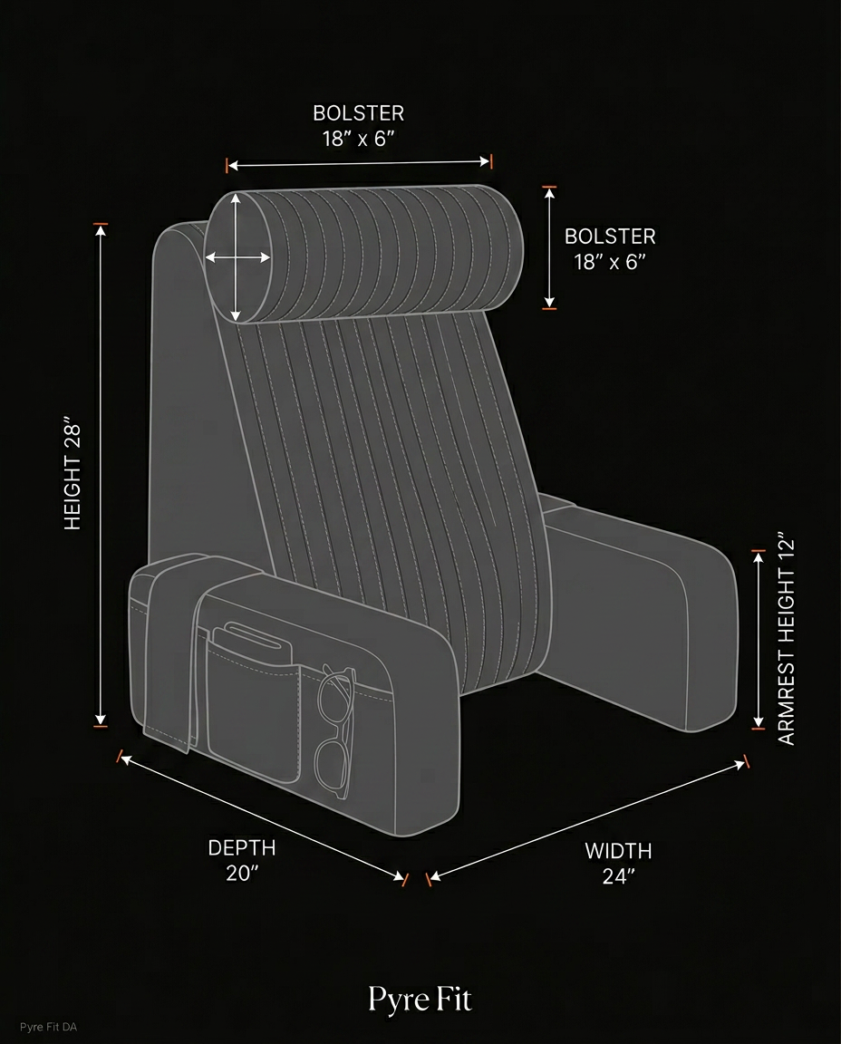 Dimensions diagram of the bed rest pillow with height, depth and armrest sizes
