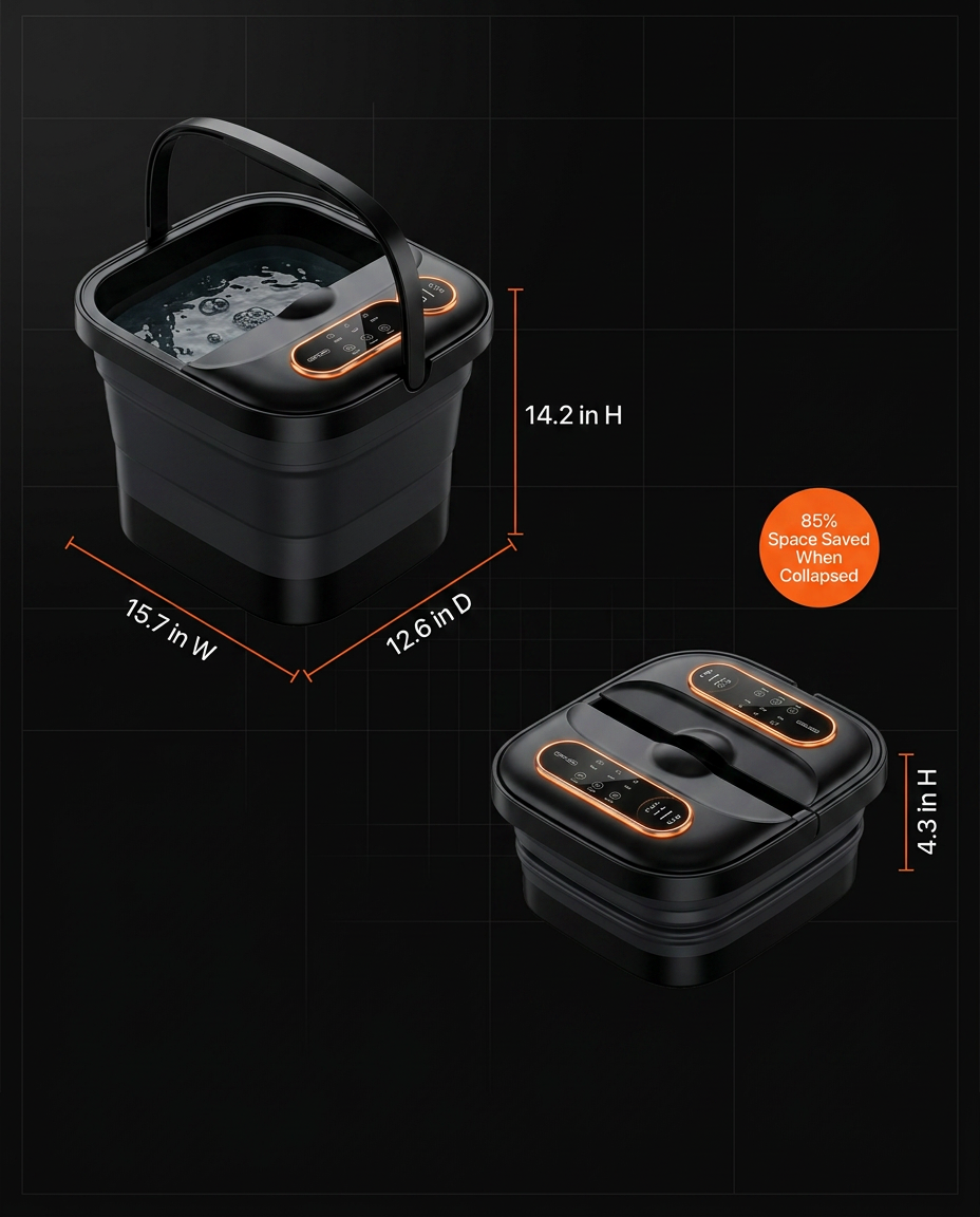 Dimensions infographic comparing the expanded and collapsed foot spa