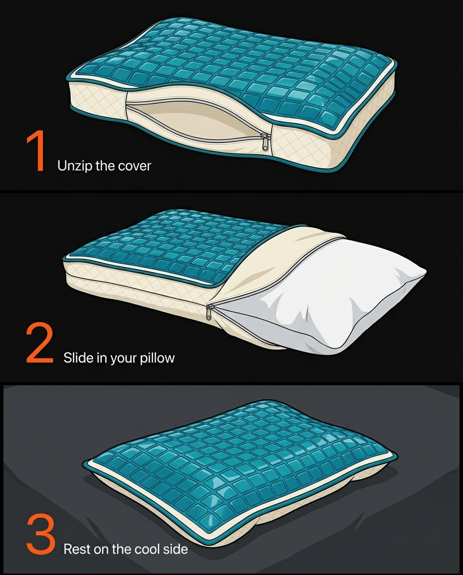 Three-step illustration: unzip the cover, slide in your pillow, rest on the cool side