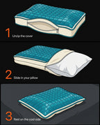 Three-step illustration: unzip the cover, slide in your pillow, rest on the cool side
