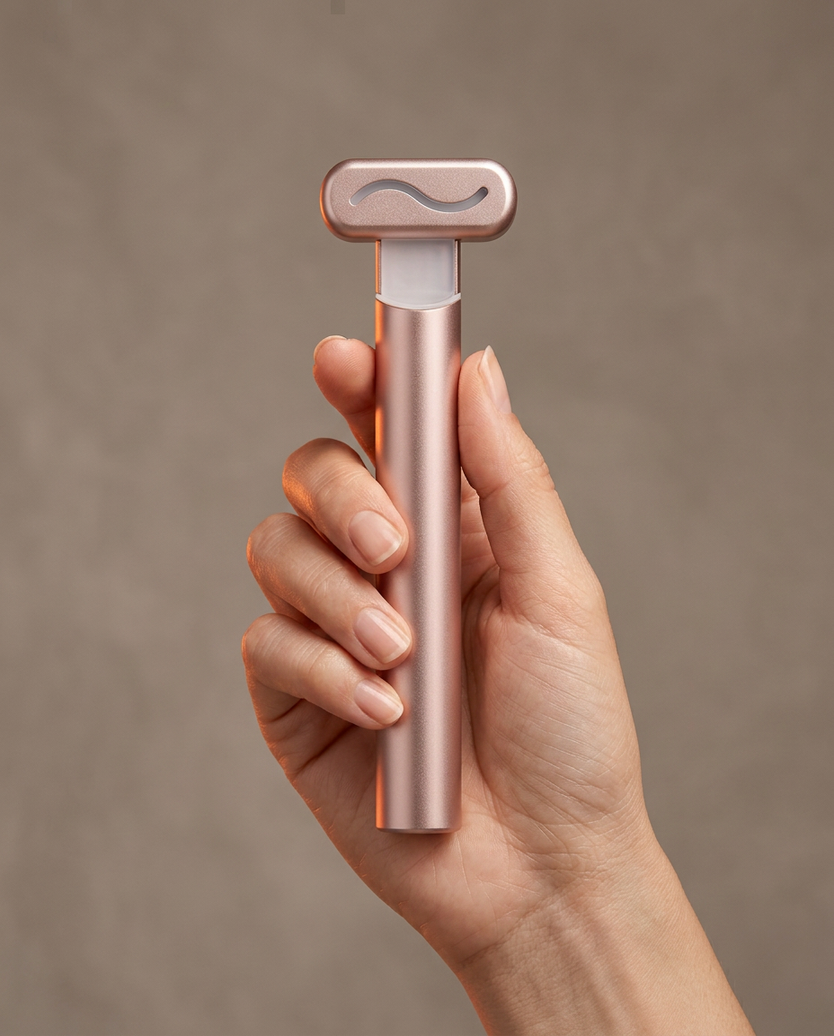 Hand holding the rose gold red light wand to show its compact size