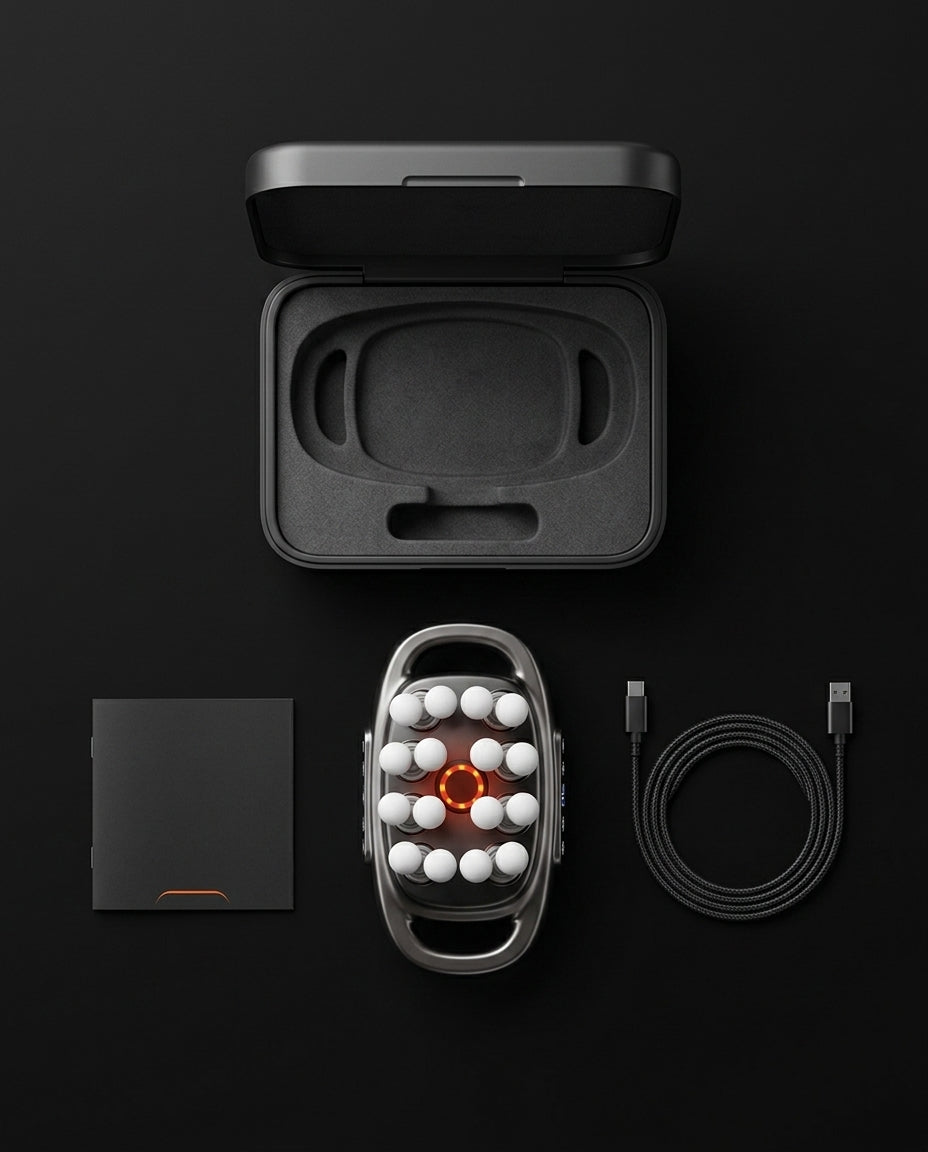Flat lay of the massage gun, travel case, charger and USB-C cable in the box