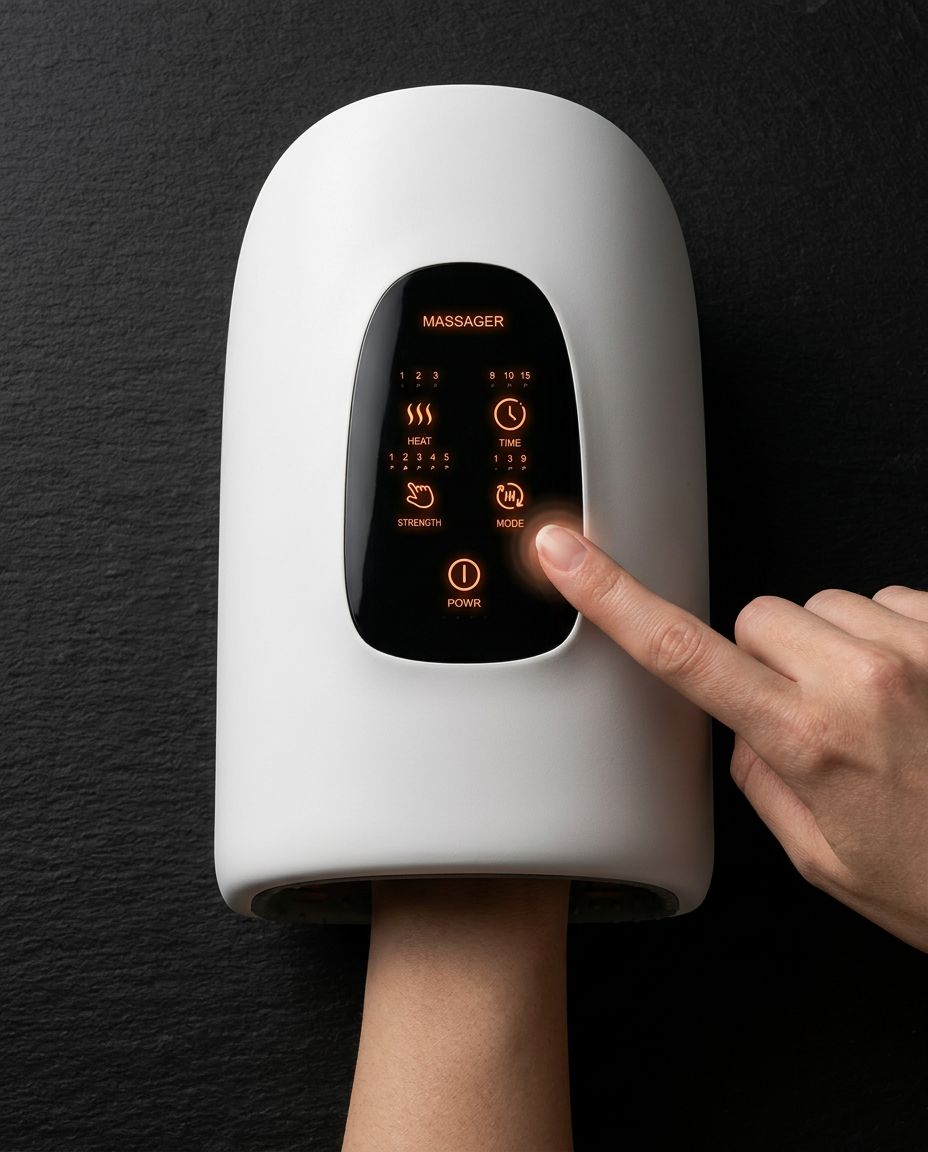 Top-down hand inside the massager, finger tapping the lit control panel