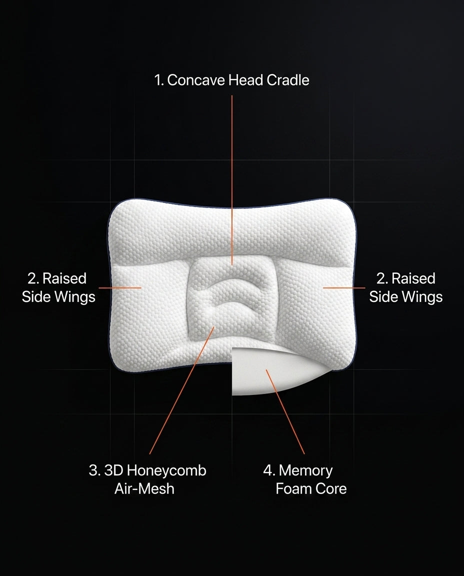 Labeled anatomy diagram of the baby pillow's cradle, side wings and foam core