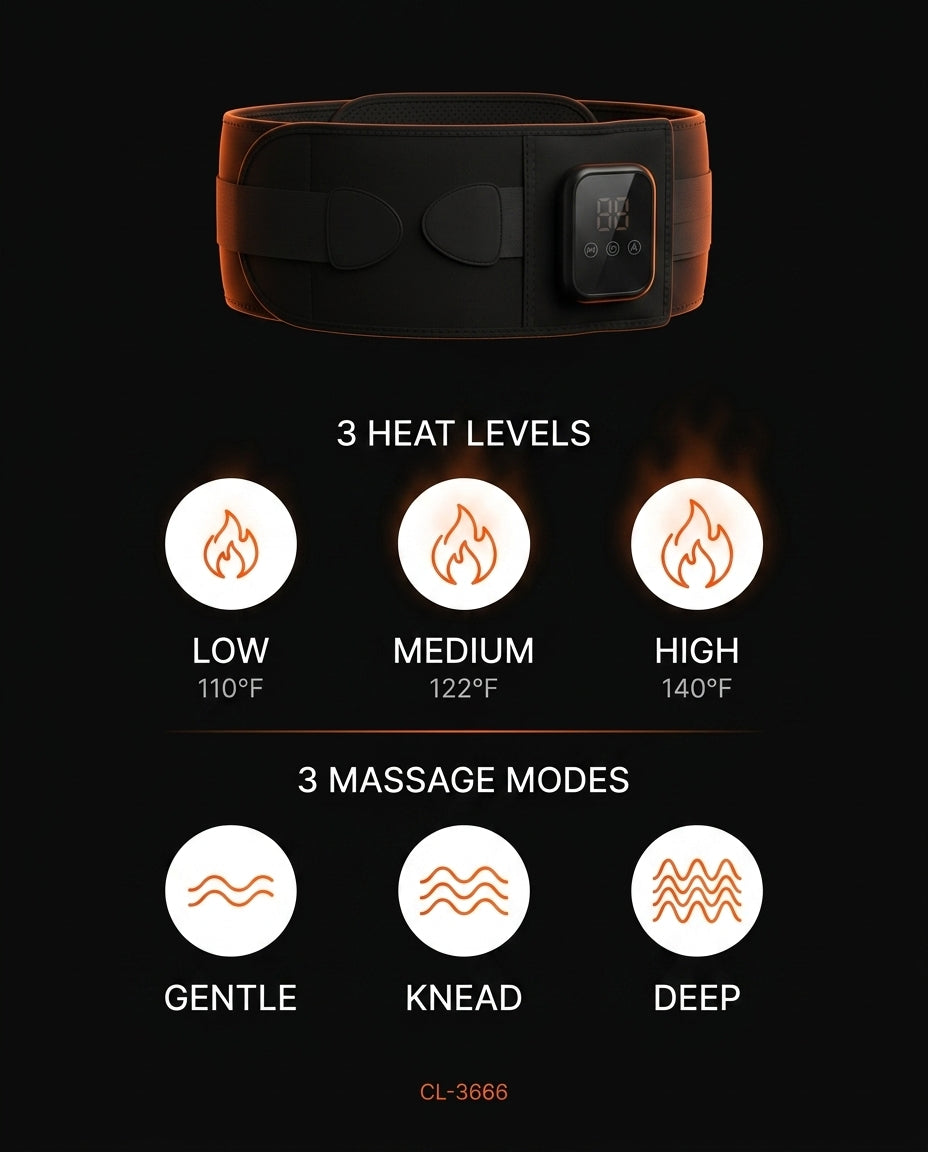 Infographic showing three heat levels and three massage modes of the waist belt
