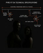 Spec diagram: 43-75 in tension bar, 14 in flexible arm, 5 in shower heads