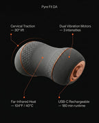 Tech specs infographic: cervical traction, dual vibration motors, far-infrared heat