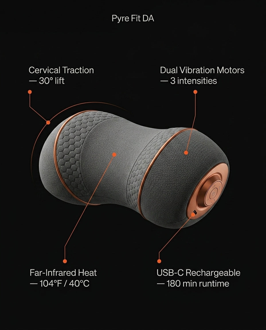 Tech specs infographic: cervical traction, dual vibration motors, far-infrared heat