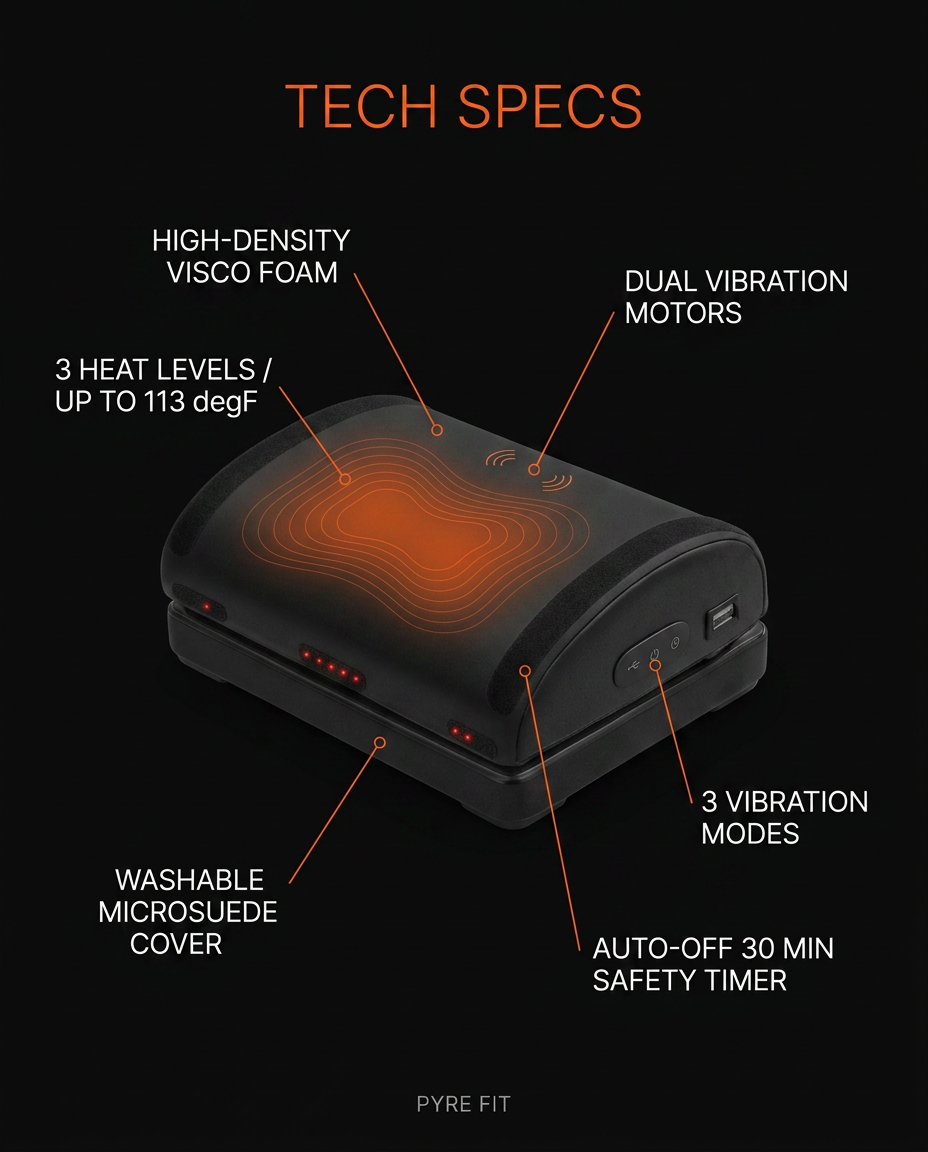 Tech specs infographic for the heated foot cushion with labeled features