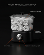 Tech specs diagram of the mini towel warmer with capacity and heat callouts
