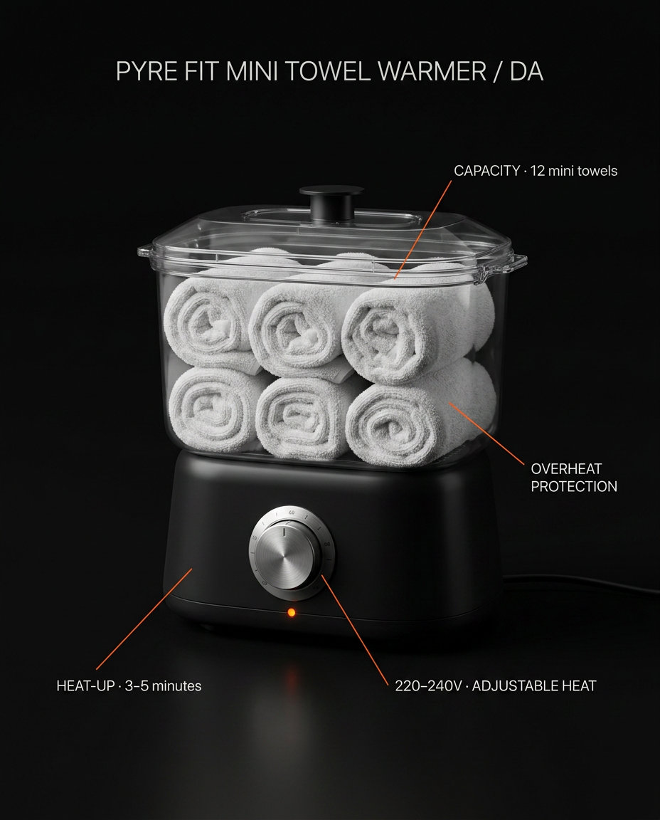 Tech specs diagram of the mini towel warmer with capacity and heat callouts