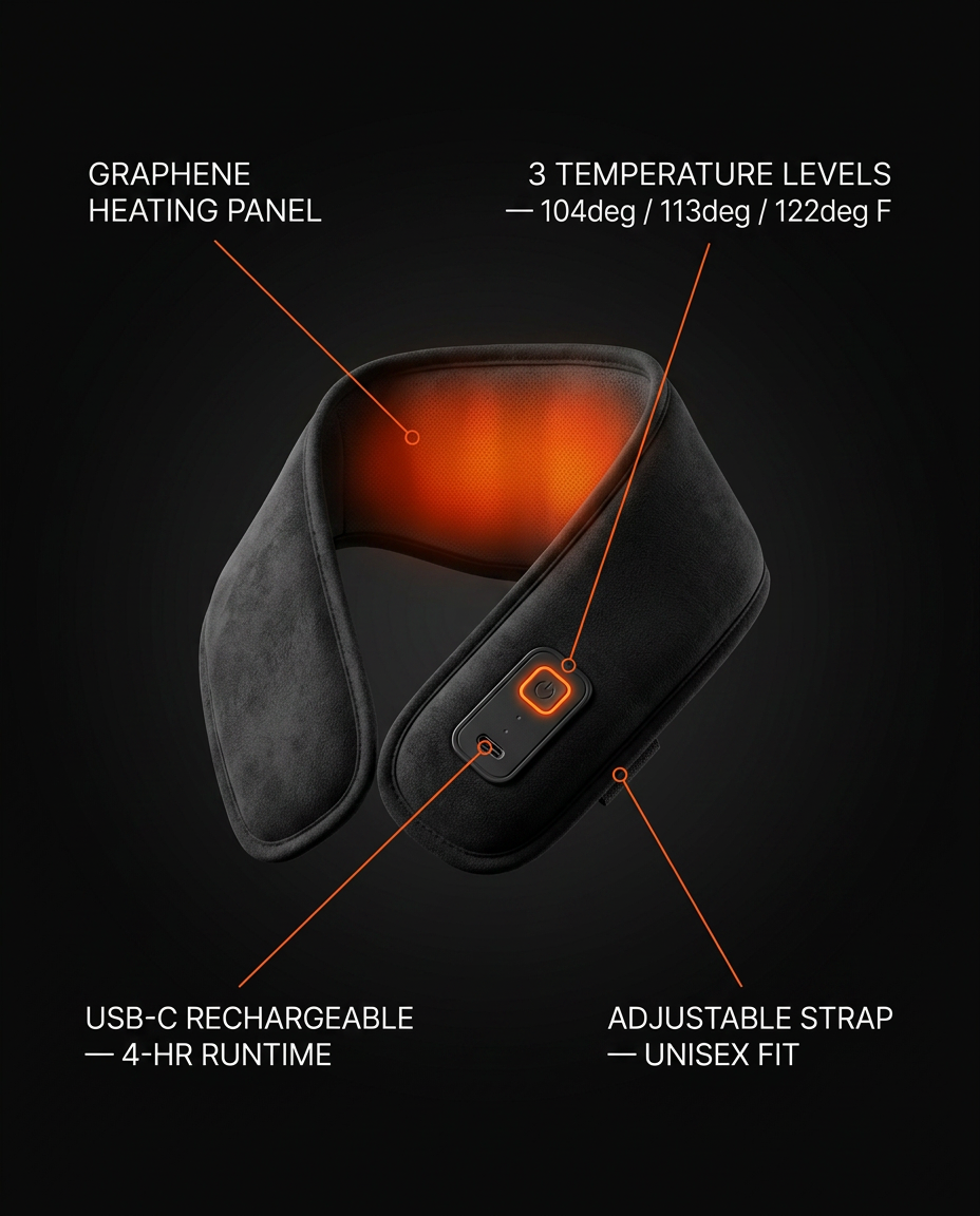 Tech specs of the neck wrap: graphene panel and three temperature callouts