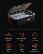 Spec sheet listing 40 kHz frequency, 450ml tank, 24W and steel construction