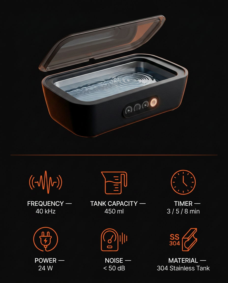 Spec sheet listing 40 kHz frequency, 450ml tank, 24W and steel construction