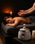 Couple enjoying a candlelit massage with the oil warmer glowing nearby