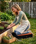 Woman kneeling on the cushion while gardening at a raised garden bed