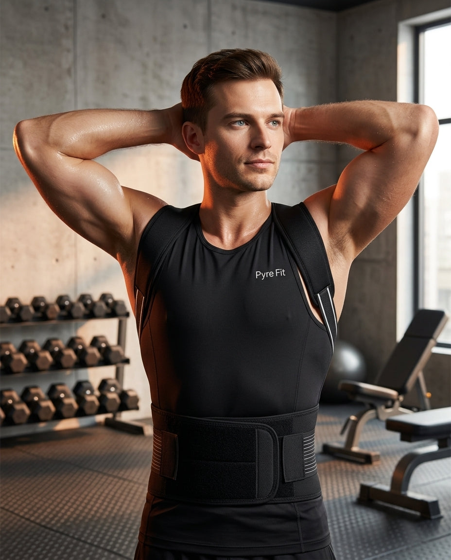 Man in a gym wearing the posture brace over a black training top