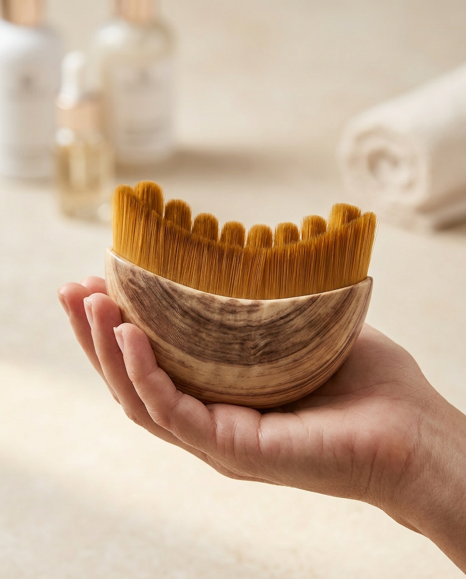 Open hand holding the palm-sized wooden facial comb to show its scale
