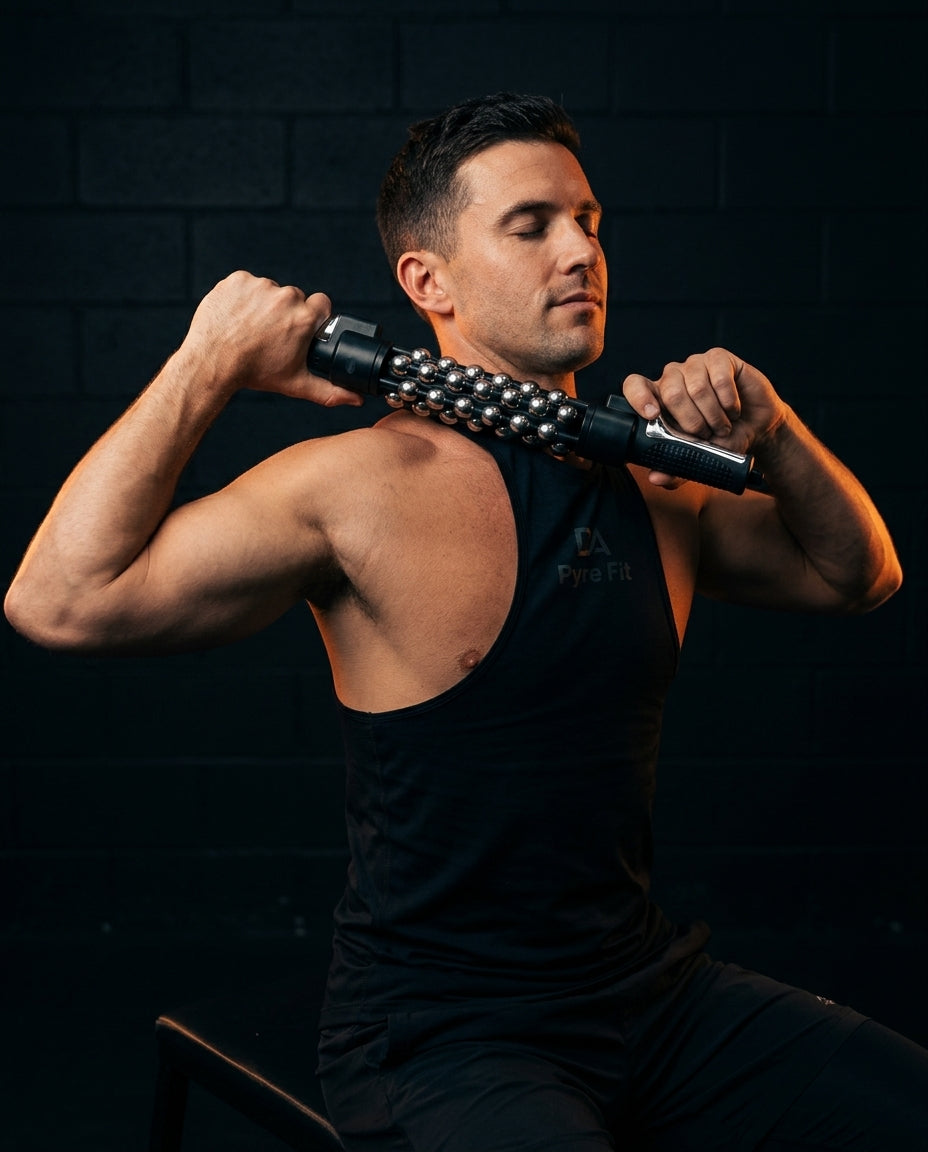 Man rolling the muscle roller stick across his neck and shoulder