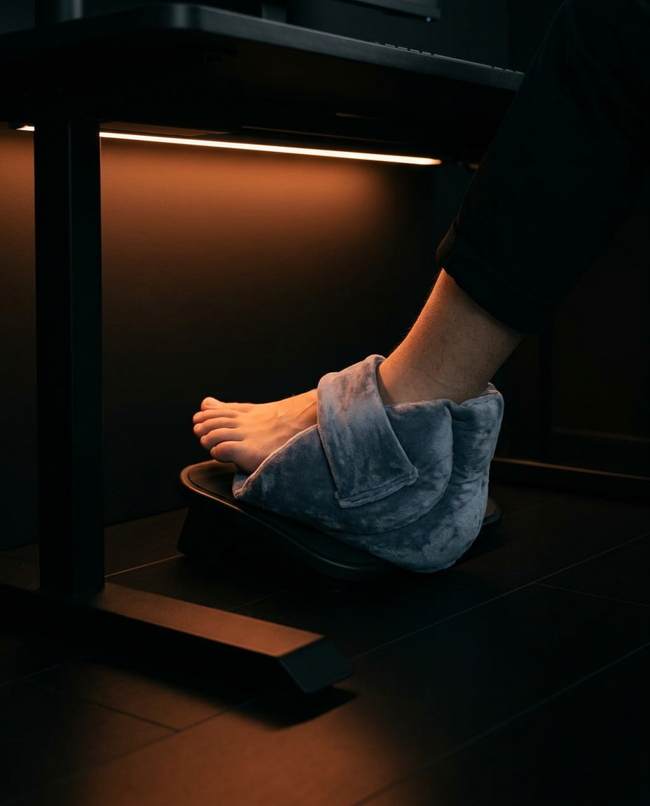 Bare feet resting on the grey heel cushion as a footrest under a desk
